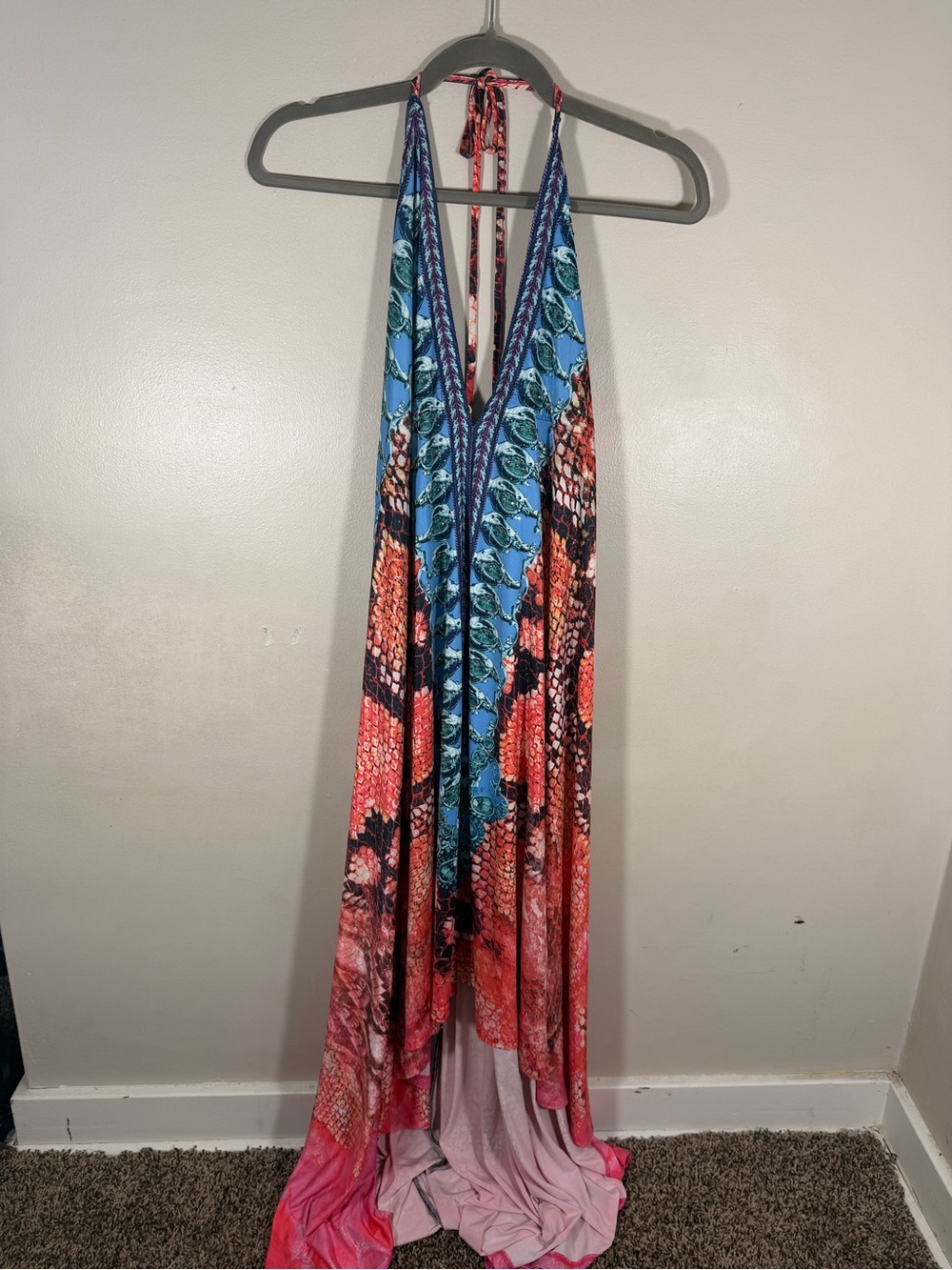 VENUS Blue and Coral Halter-Style Maxi Dress